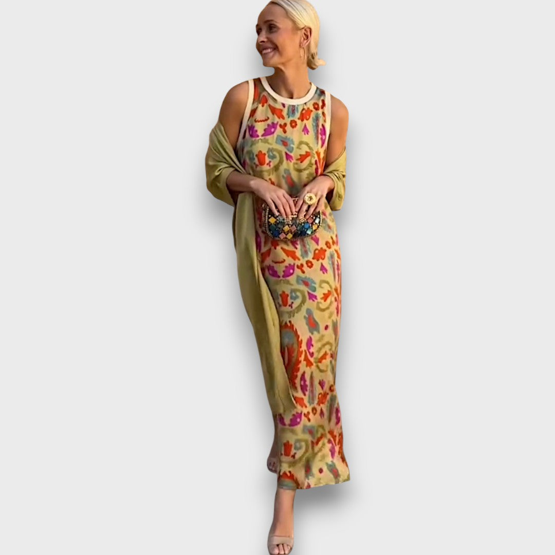 Flowing Maxi Dress with Pastel Cardigan