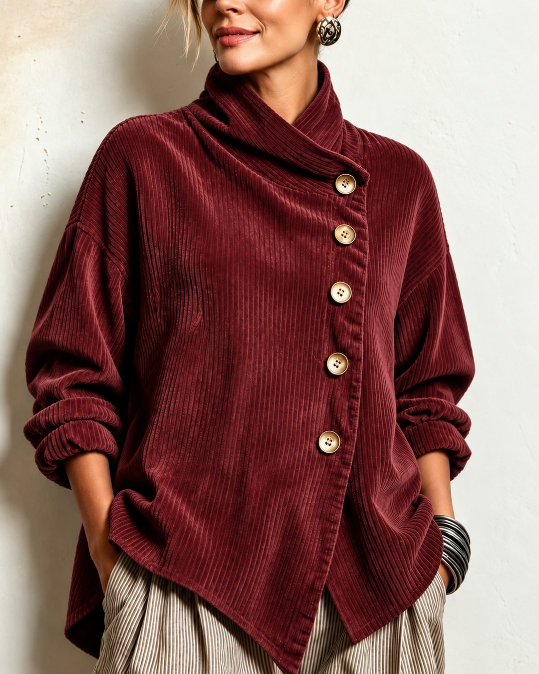 Soft Corduroy Cowl Neck Top