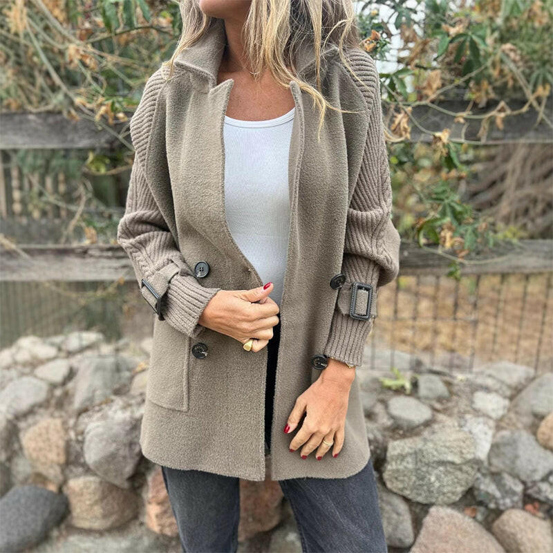 Knit Sleeve Double-Breasted Coat