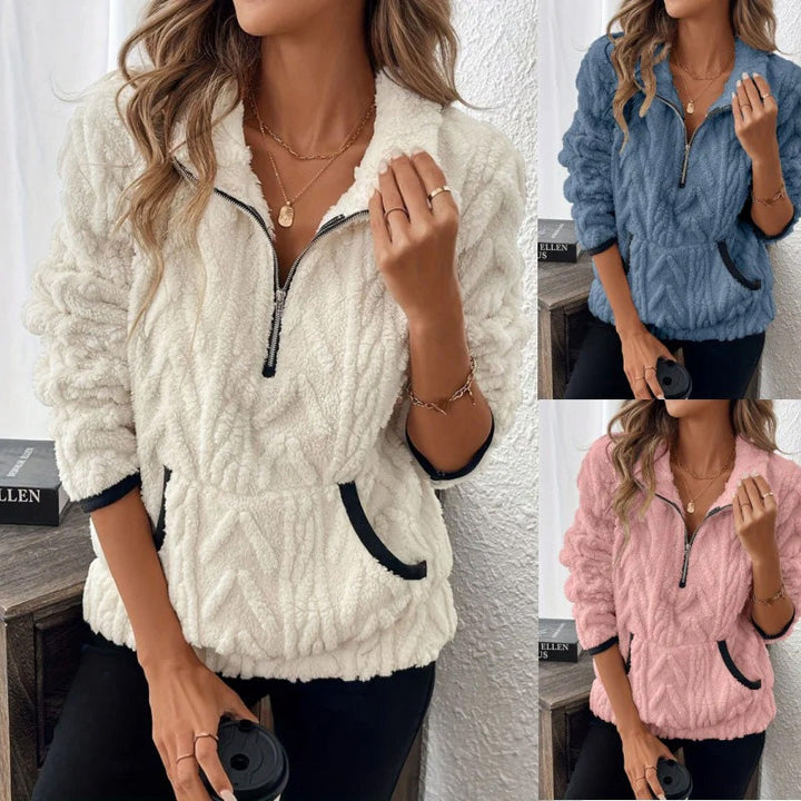 Fuzzy Half-Zip Sweatshirt with Pockets