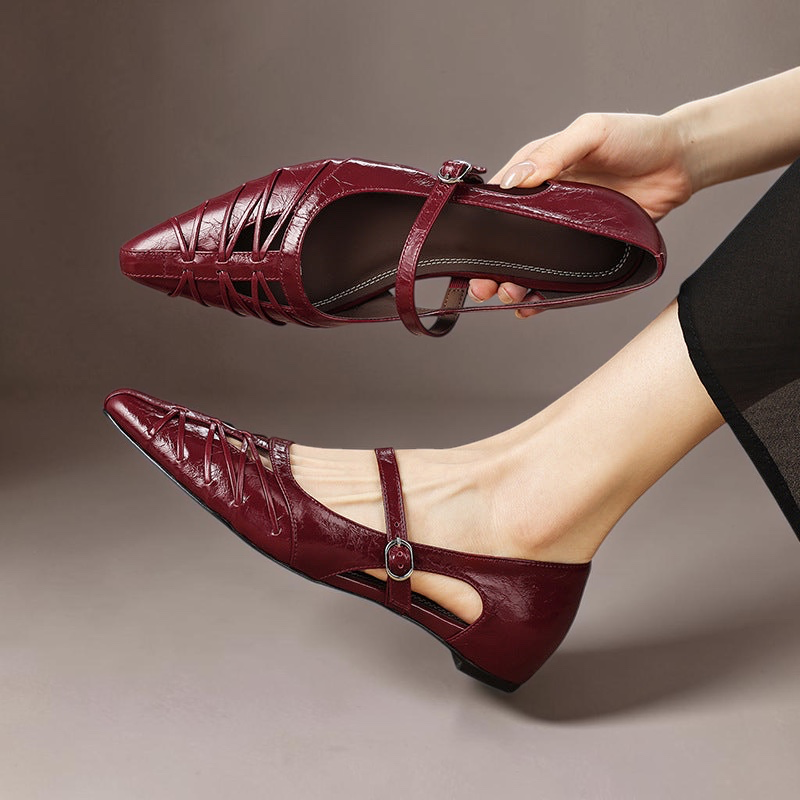 Pointed Lattice-Cut Mary Jane Flat