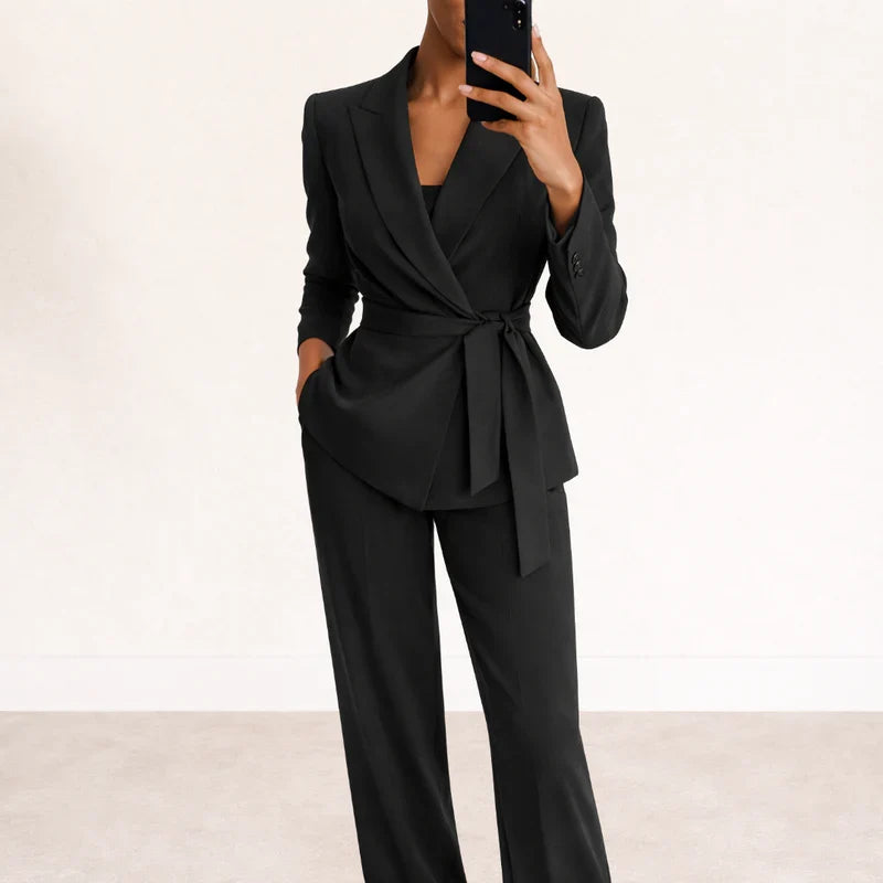 Tie-Waist Elegant Suit With Wide-Leg Pants